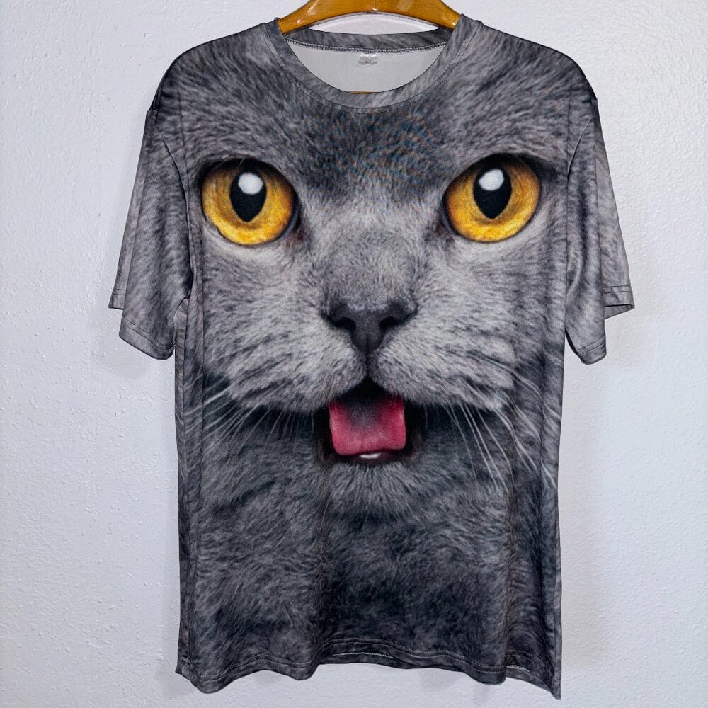 Big‎ Cat Face Graphic T-Shirt Gray Realistic 3D Print Funny Animal Tee Size M